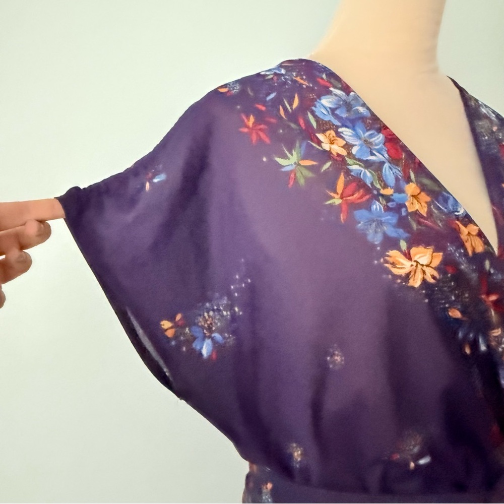 Vintage 1970s It’s A Lehigh Sheer Floral Wrap Midi Dress Purple Boho - Picture 3 of 15